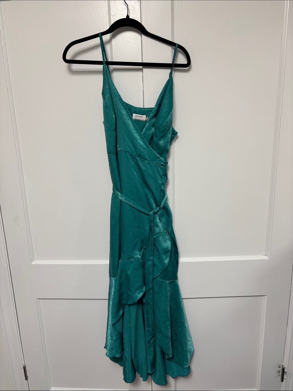Asymmetrical Teal Satin Wrap Dress with Ruffle Detail